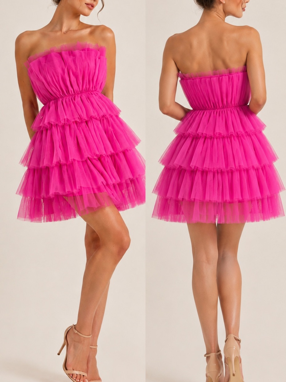 VICI Hot Pink Strapless Tiered Tulle Mini Dress XS Barbiecore Party Dress
